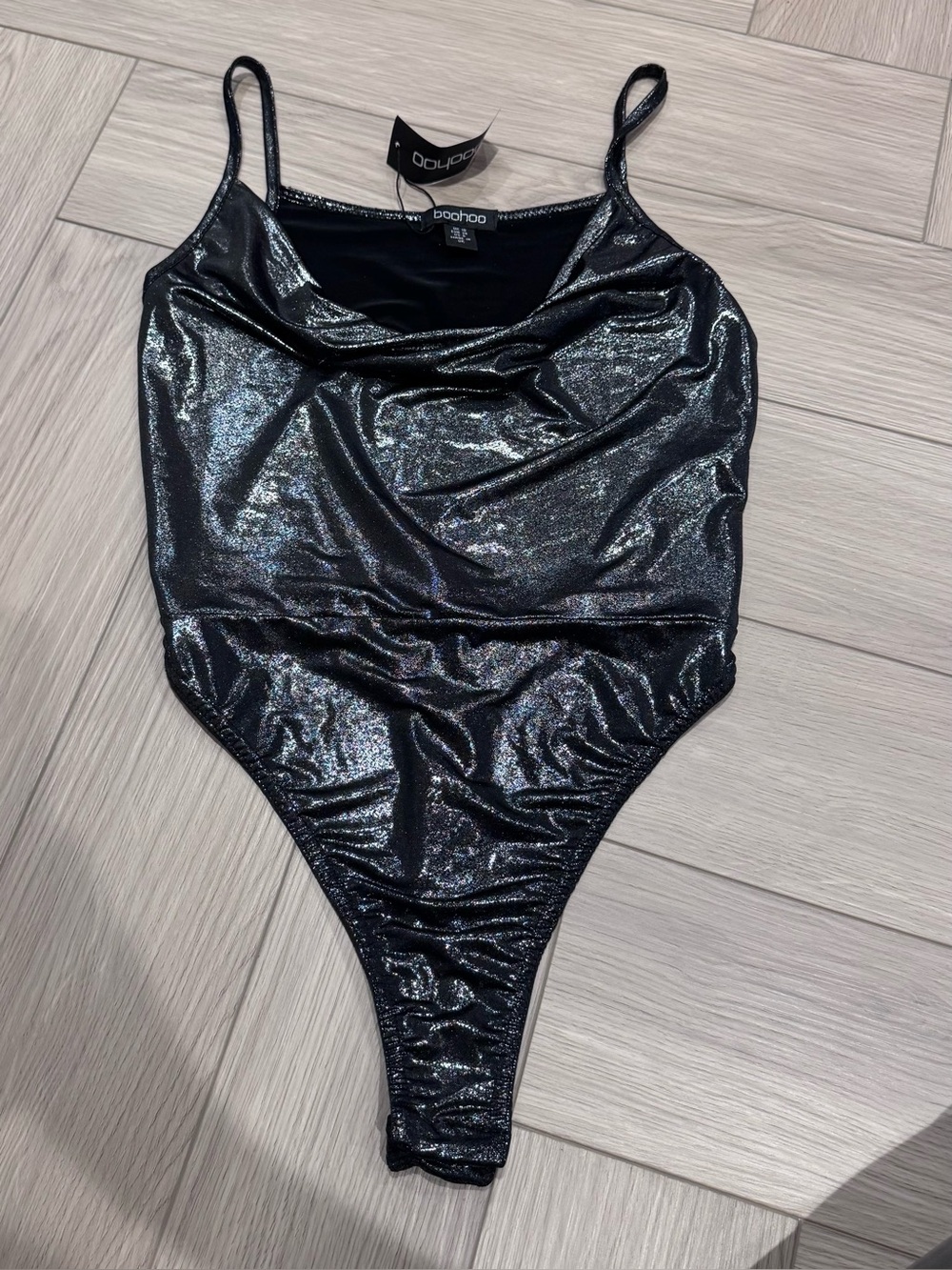 boohoo Black Shimmery Cowl Neck bodysuit